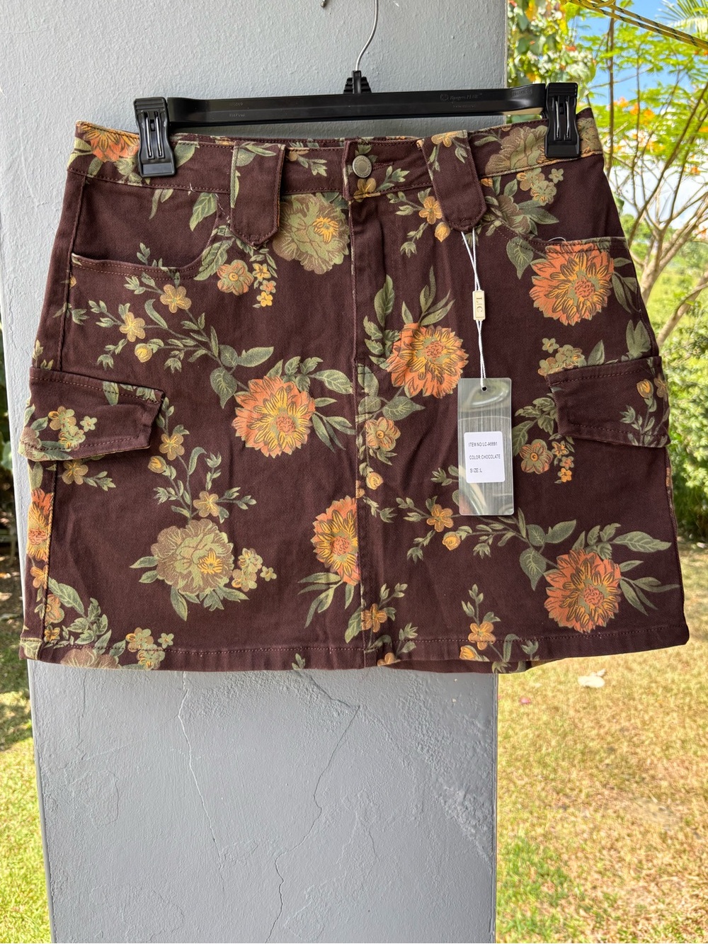 Floral Cargo Mini Skirt in Brown with Orange & Green